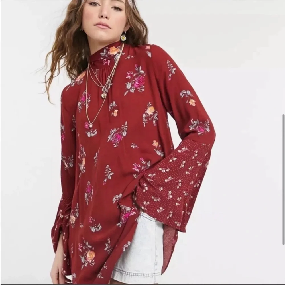 NWT Free People Women's Maroon Red Floral Vintage Combo Long Sleeve Dress Medium